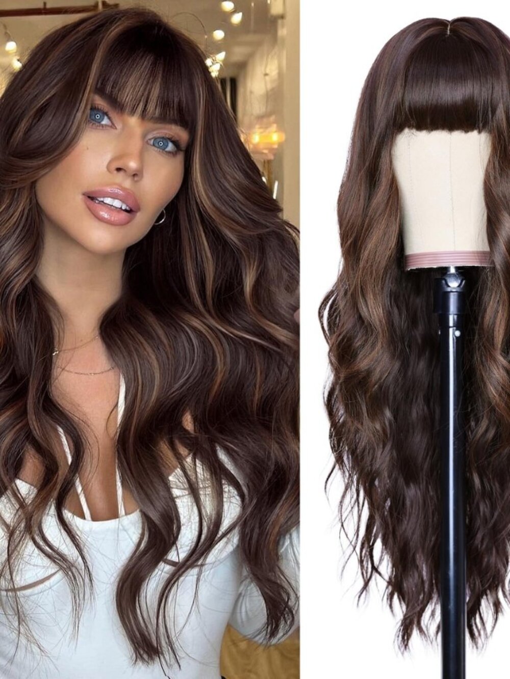 Brown Wigs with Bangs for Women,24 Inch Wavy Synthetic Wig